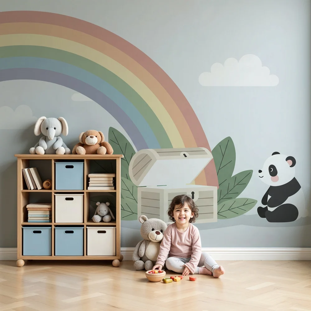 Tapet de cameră de copii | Panda curios sub un curcubeu