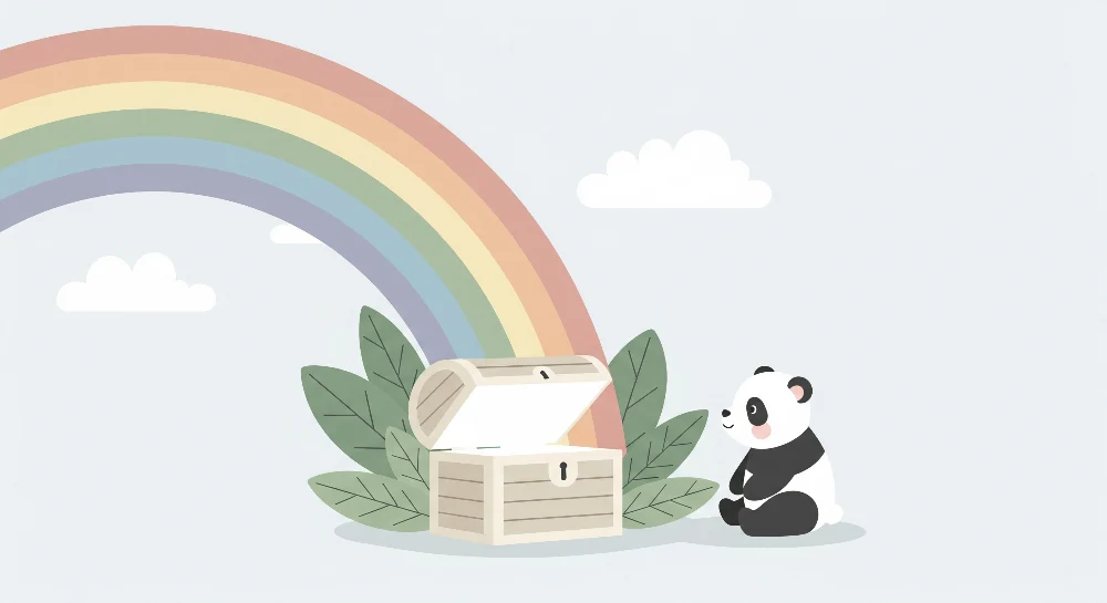 Tapet de cameră de copii | Panda curios sub un curcubeu