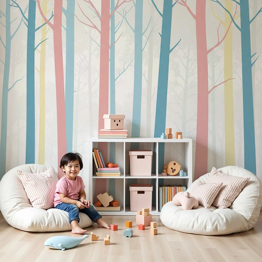 Tapet cameră copii | Pădure colorată cu copaci pastel