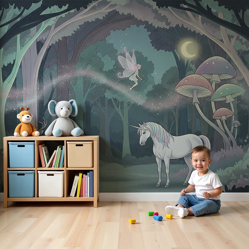 Tapet cameră copii | Pădure fermecată cu unicorn și zână
