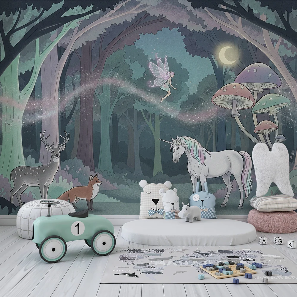 Tapet cameră copii | Pădure fermecată cu unicorn și zână