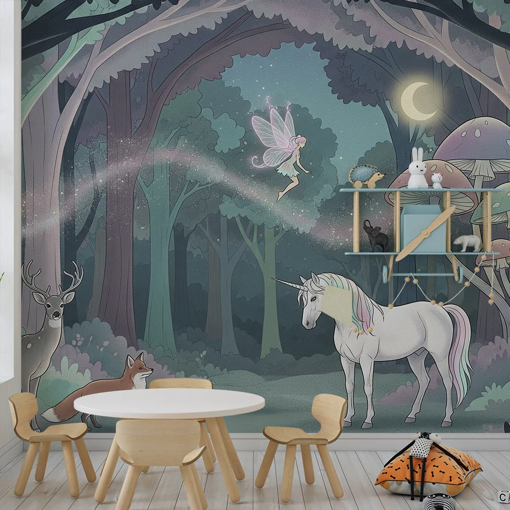 Tapet cameră copii | Pădure fermecată cu unicorn și zână