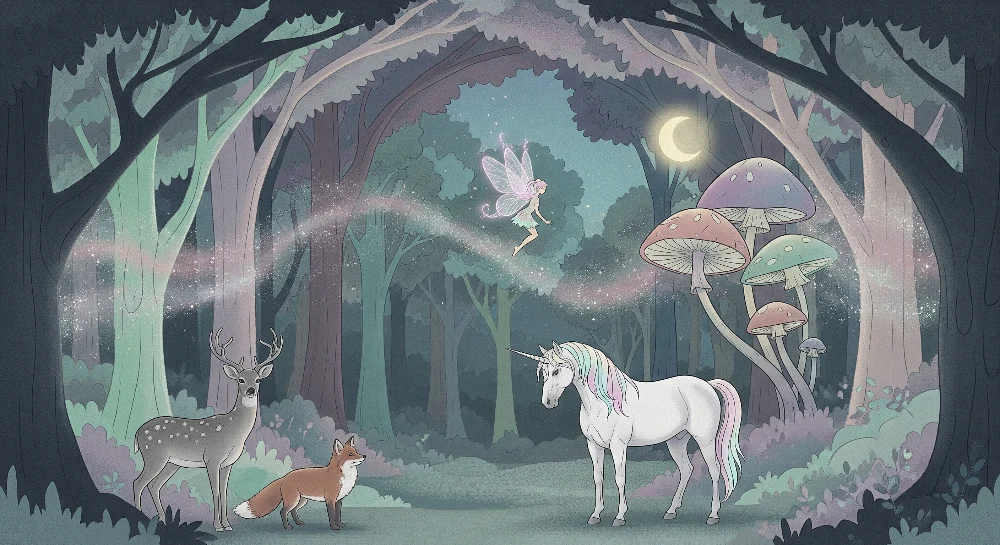 Tapet cameră copii | Pădure fermecată cu unicorn și zână