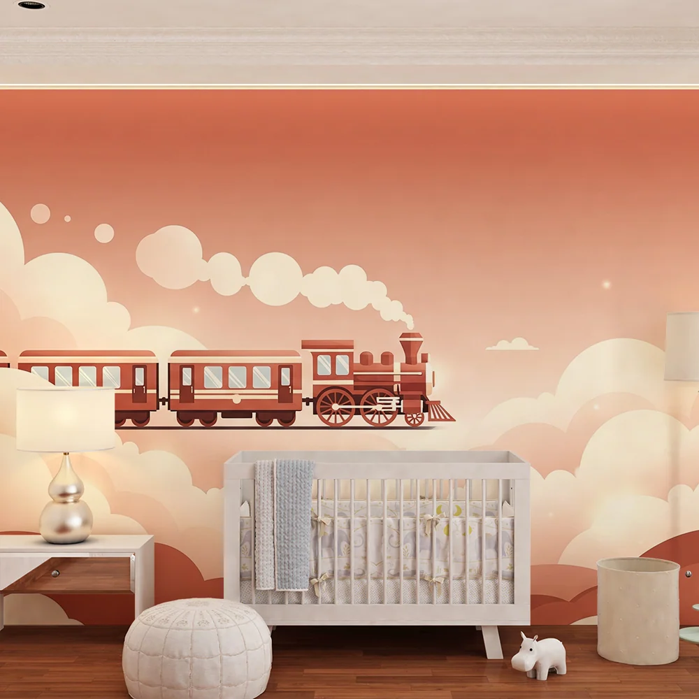 Tapet cameră copii | Tren colorat călătorind prin nori