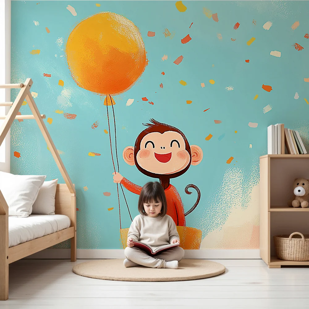 Tapet cameră copil | Maimuță fericită cu balon și confetti