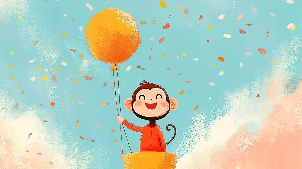 Tapet cameră copil | Maimuță fericită cu balon și confetti