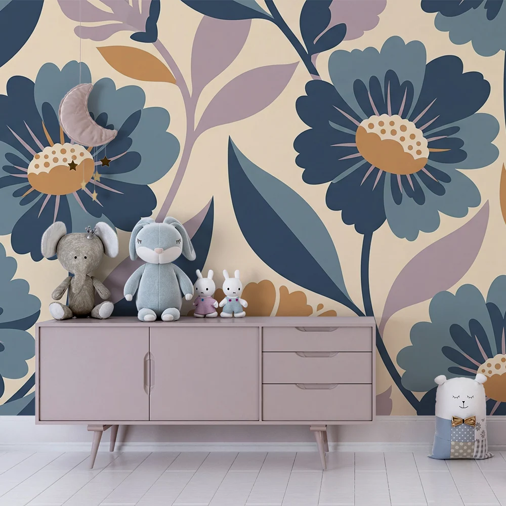 Tapet camera bebeluși | Flori stilizate în nuanțe dulci și liniștitoare