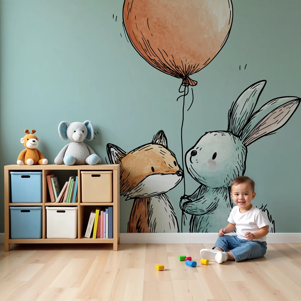 Tapet camera copii | Micul vulpe și iepurele cu un balon