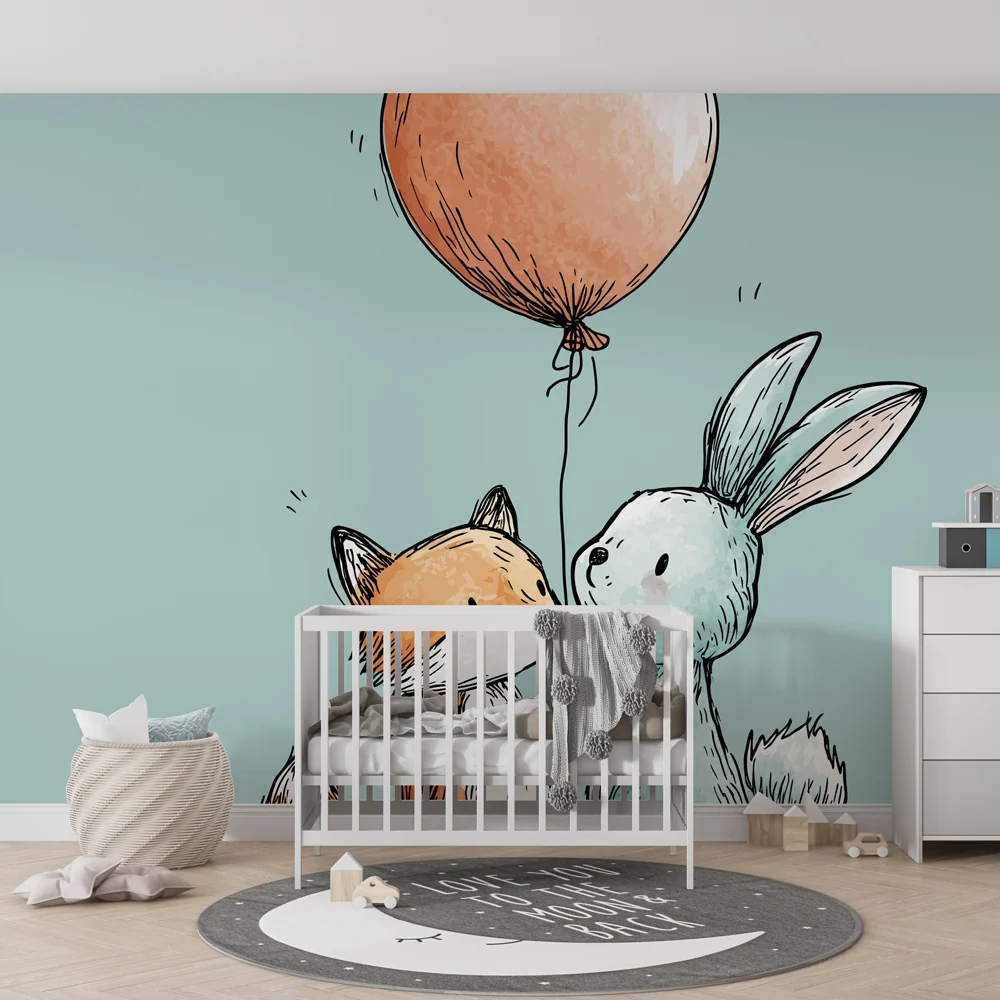 Tapet camera copii | Micul vulpe și iepurele cu un balon