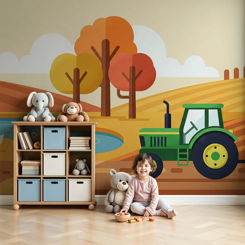Tapet camera copil | Fermă colorată cu tractor și rațe