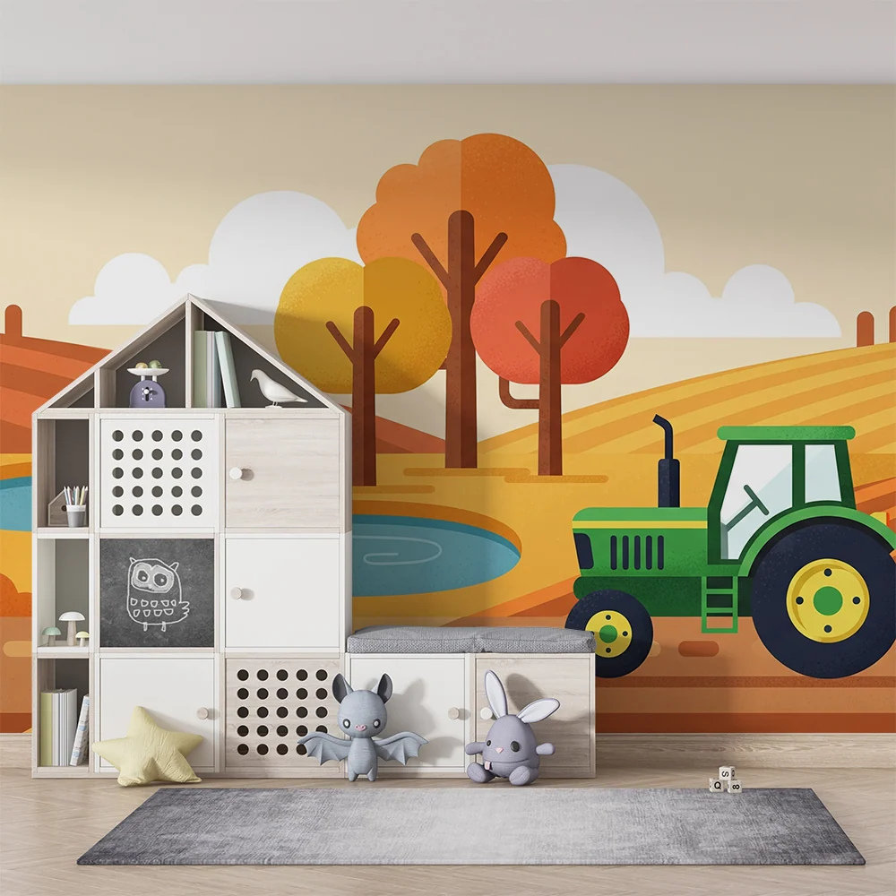 Tapet camera copil | Fermă colorată cu tractor și rațe