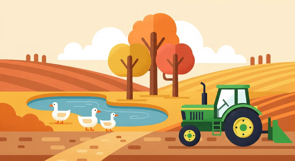 Tapet camera copil | Fermă colorată cu tractor și rațe