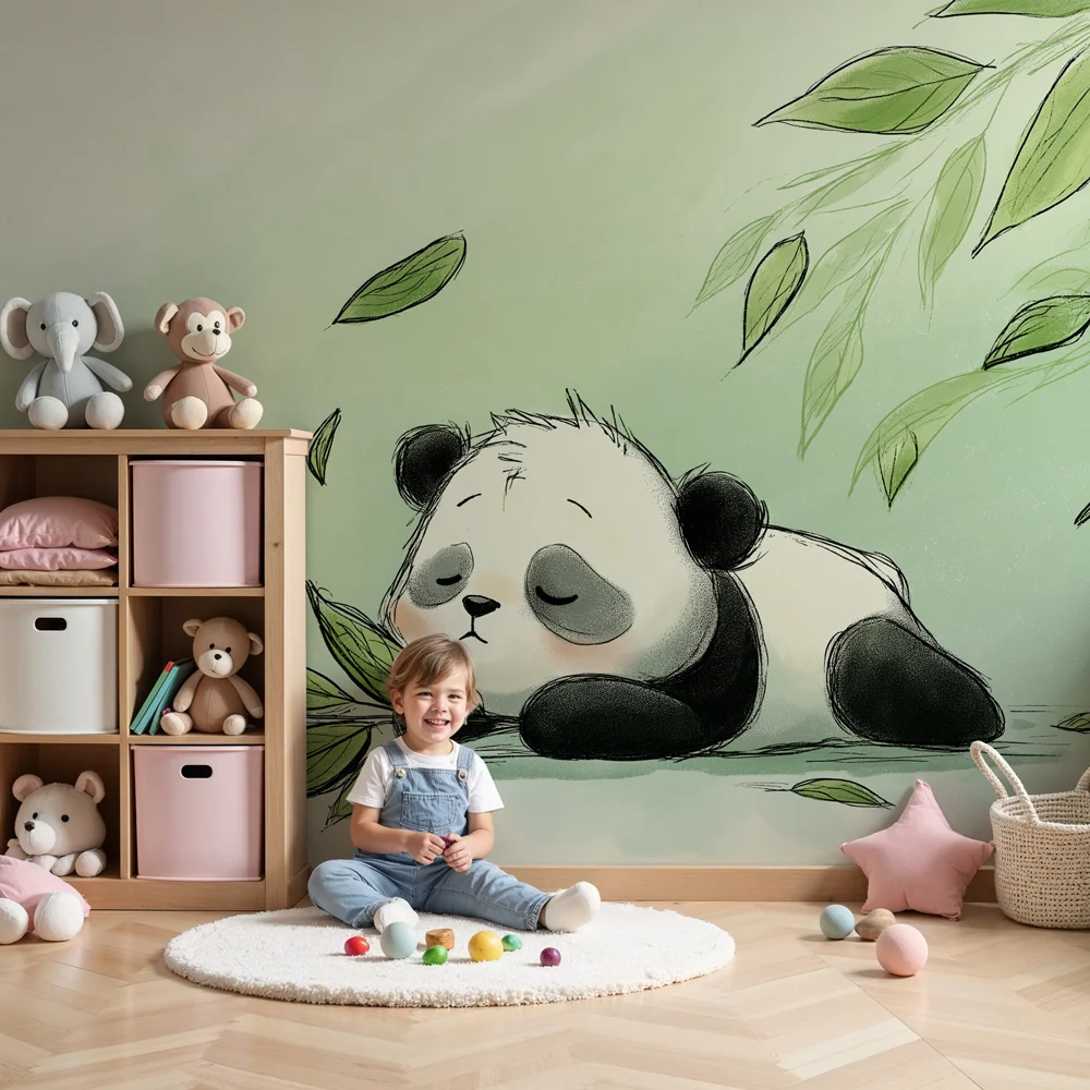 Tapet camera copil | Panda adormit și frunze moi