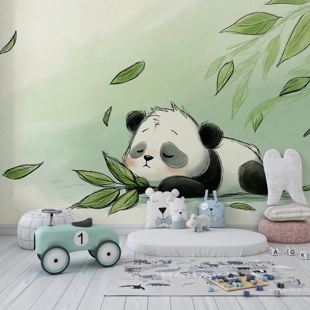 Tapet camera copil | Panda adormit și frunze moi