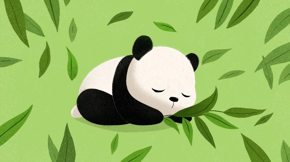 Tapet camera copil | Panda îmbrățișând și frunze verzi