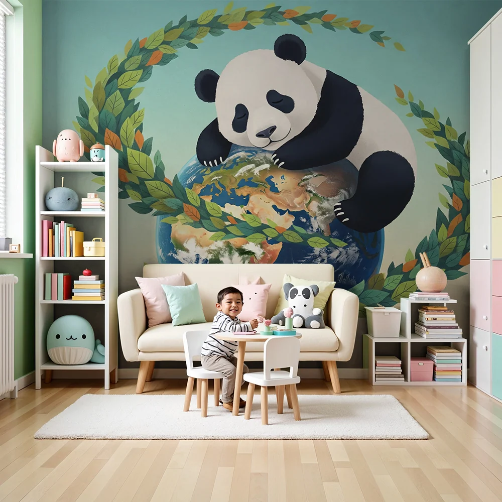 Tapet camera copil | Panda îmbrățișând planeta Pământ înconjurat de frunziș colorat