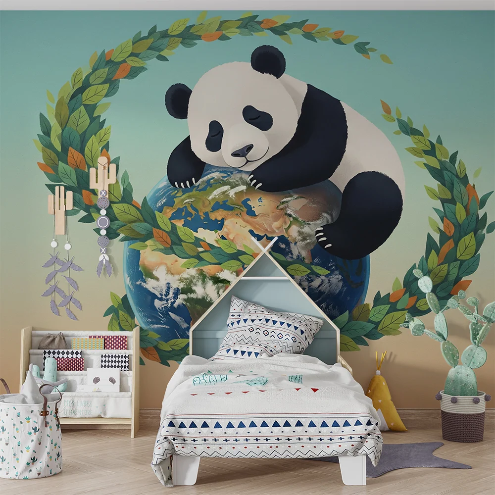 Tapet camera copil | Panda îmbrățișând planeta Pământ înconjurat de frunziș colorat