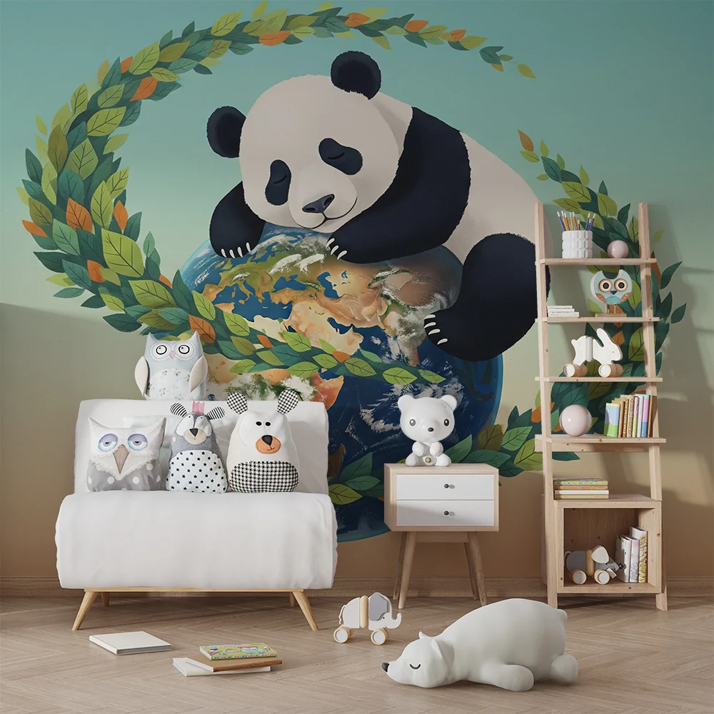 Tapet camera copil | Panda îmbrățișând planeta Pământ înconjurat de frunziș colorat