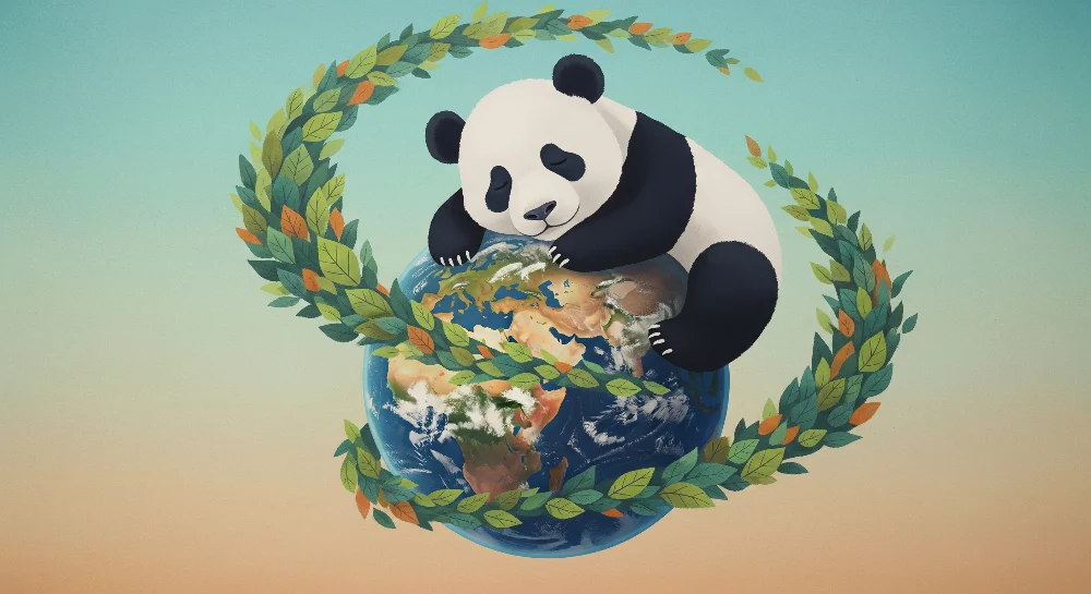 Tapet camera copil | Panda îmbrățișând planeta Pământ înconjurat de frunziș colorat