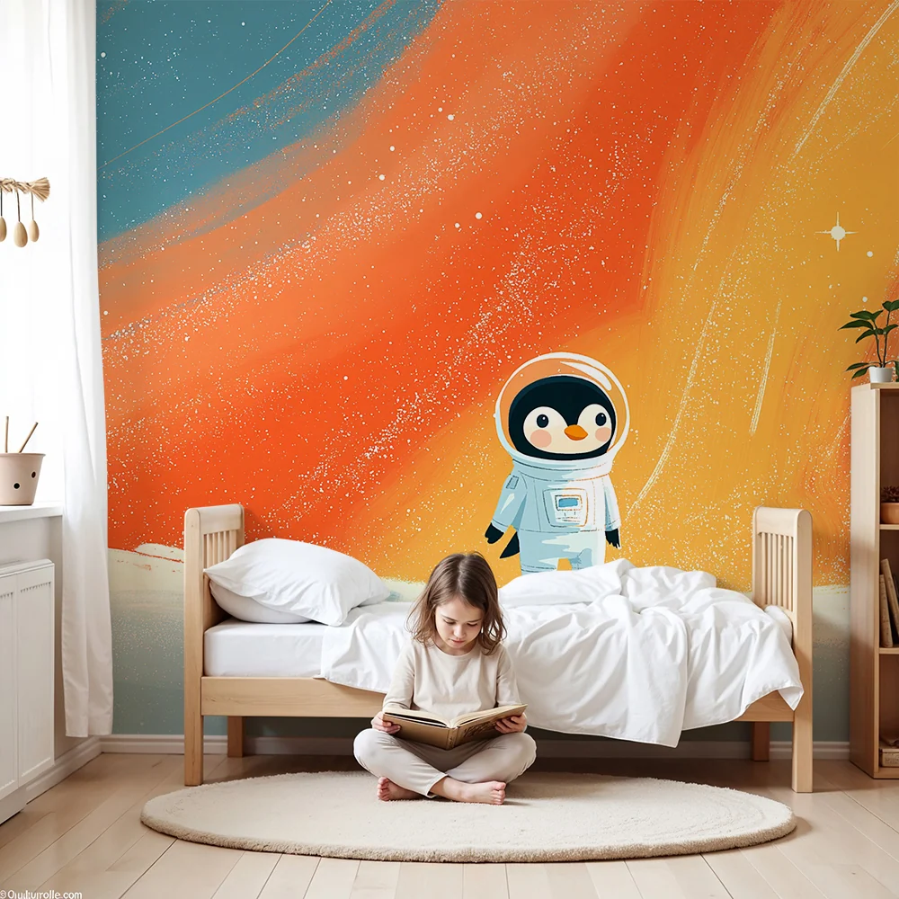 Tapet camera copil | Pingwin astronaut explorând spațiul colorat