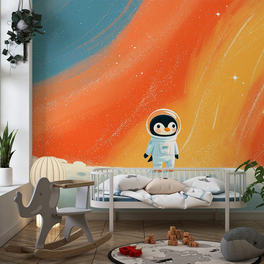 Tapet camera copil | Pingwin astronaut explorând spațiul colorat