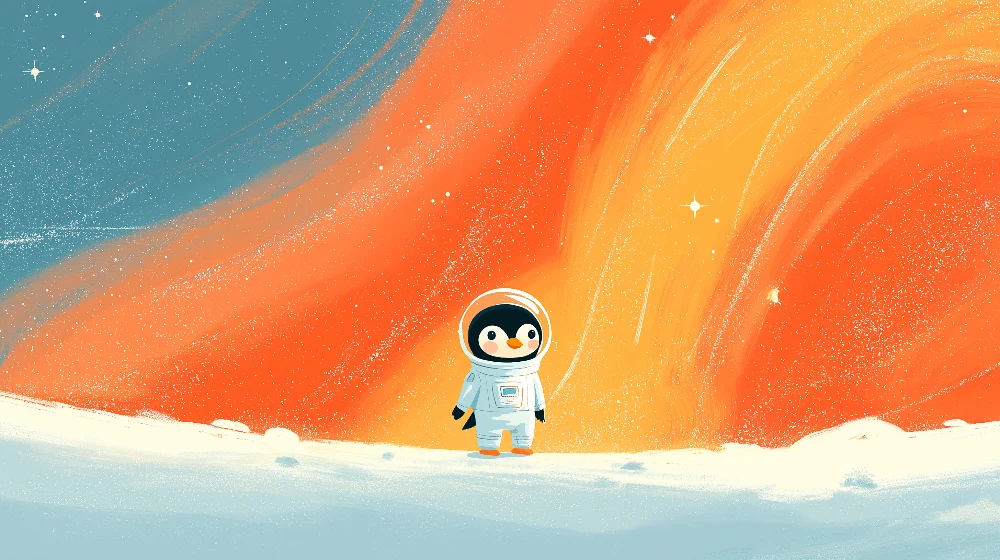 Tapet camera copil | Pingwin astronaut explorând spațiul colorat