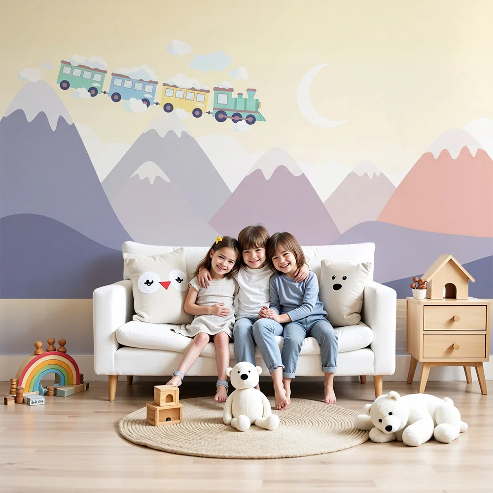 Tapet camera copil | Tren colorat pe fundal de munte pastel