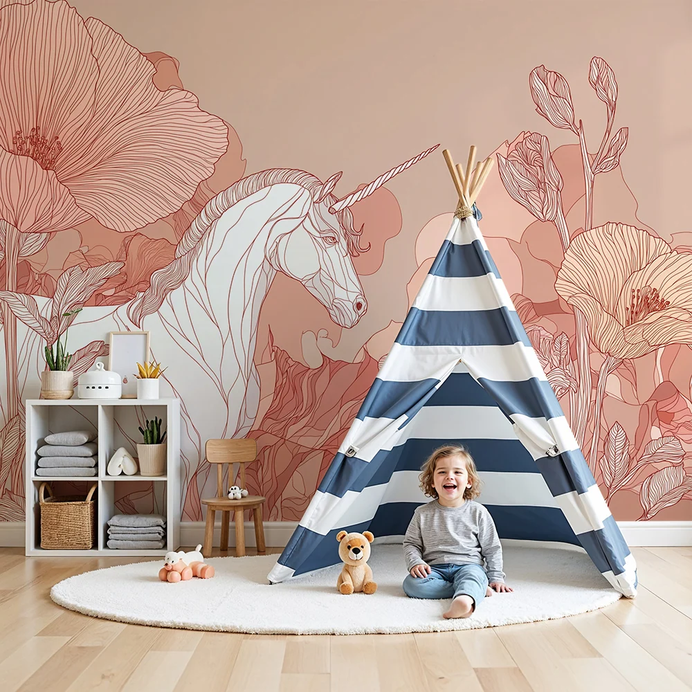 Tapet camera copil | Unicorn elegant inconjurat de flori delicate