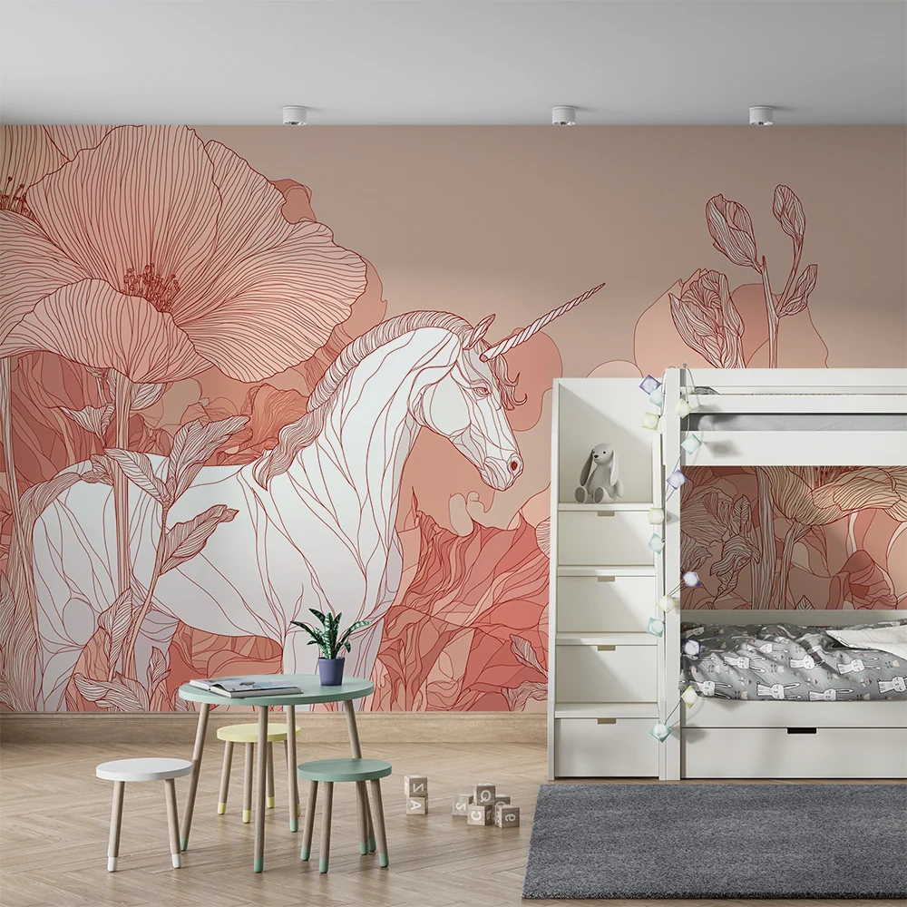 Tapet camera copil | Unicorn elegant inconjurat de flori delicate