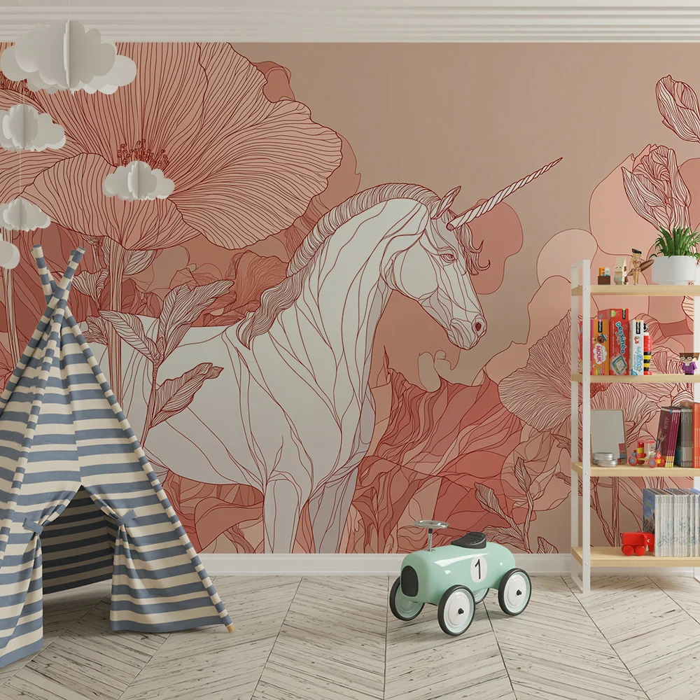 Tapet camera copil | Unicorn elegant inconjurat de flori delicate