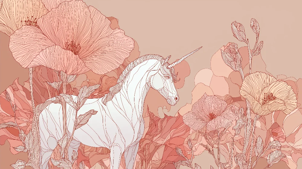 Tapet camera copil | Unicorn elegant inconjurat de flori delicate