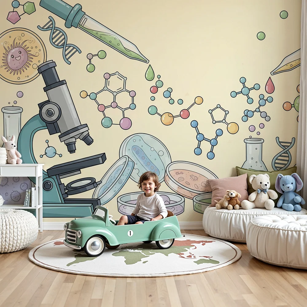 Tapet camera copil | Univers științific cu microscoape și molecule colorate