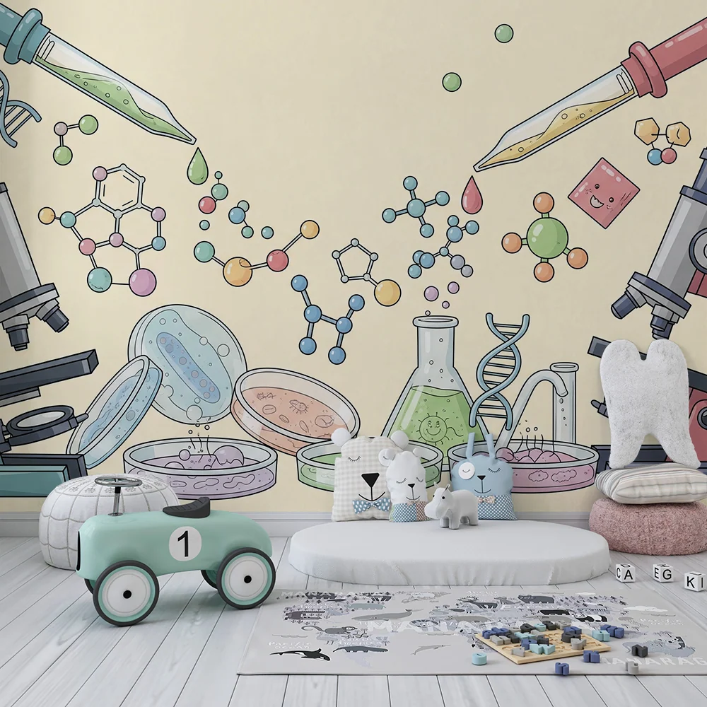 Tapet camera copil | Univers științific cu microscoape și molecule colorate