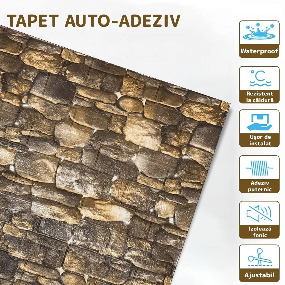 Tapet 3D caramida model piatra naturala auto-adeziv pentru interior, 70 x 77 cm