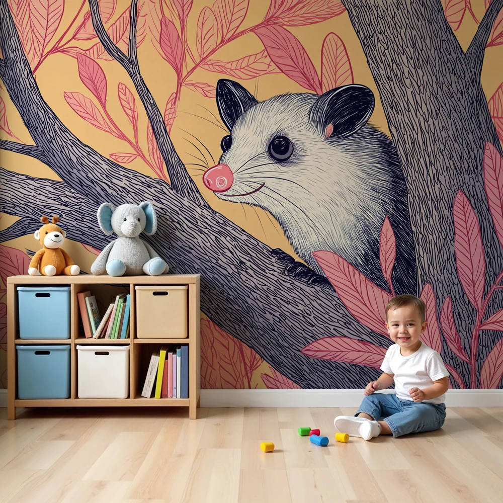 Tapet copii | Opossum curios și frunziș colorat