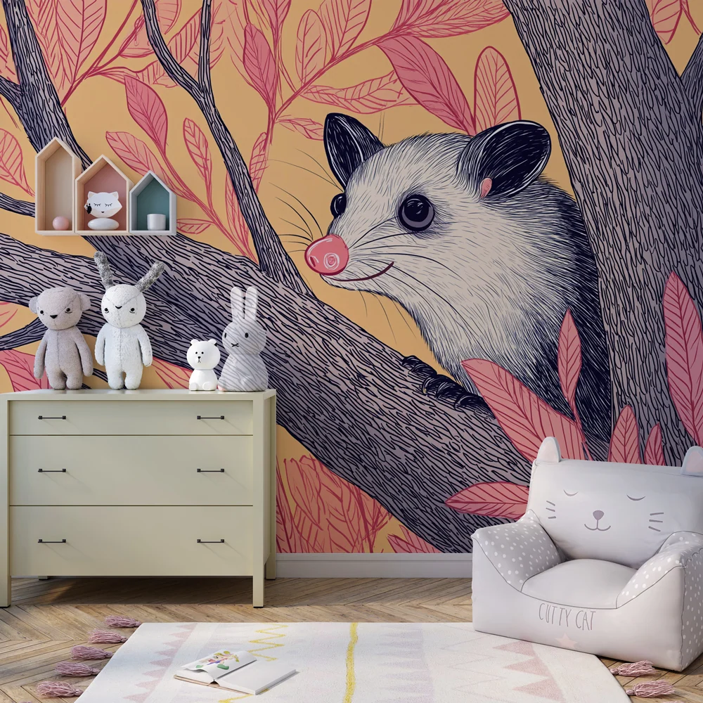Tapet copii | Opossum curios și frunziș colorat