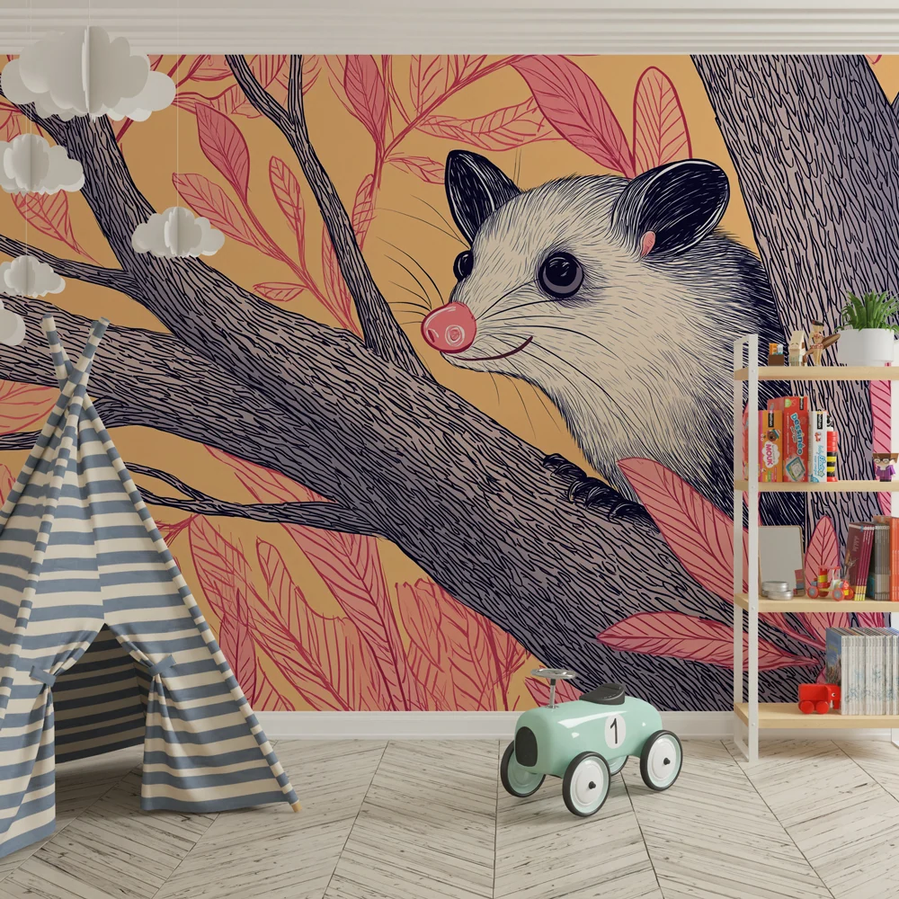 Tapet copii | Opossum curios și frunziș colorat