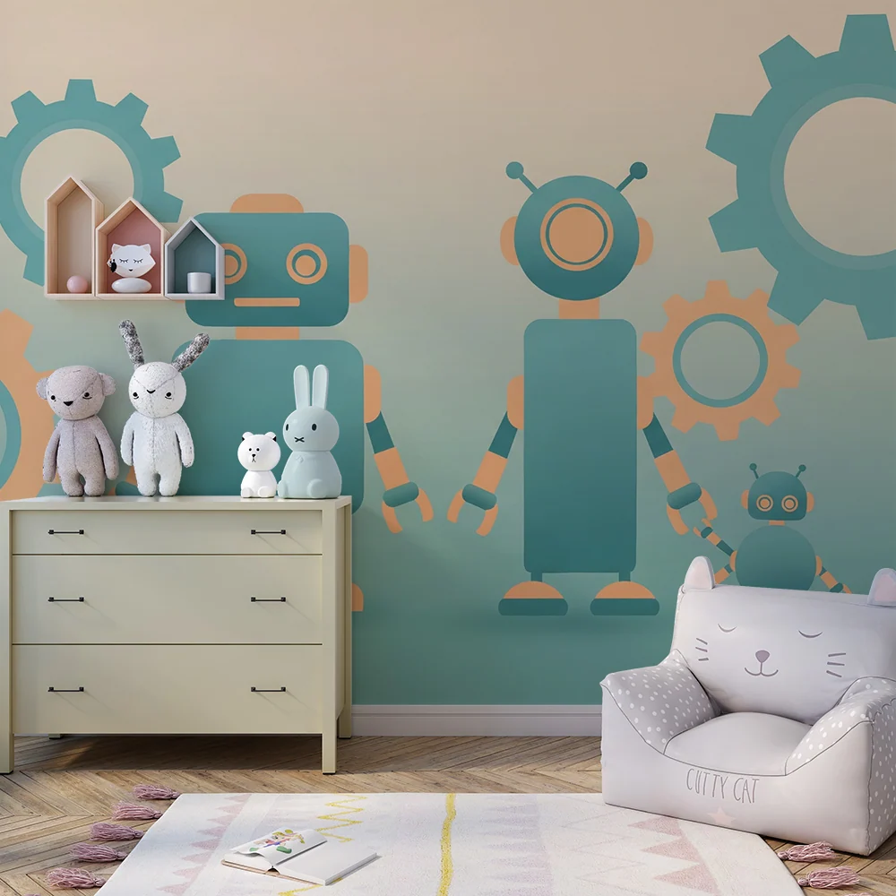 Tapet copii | Roboți colorați și piese mecanice ludice