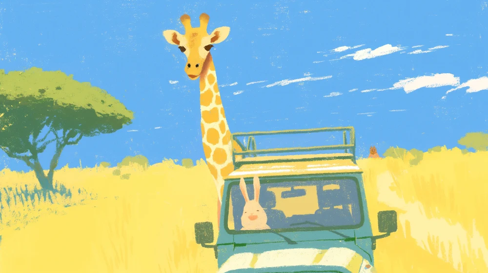 Tapet copii | Safari distractiv cu o girafă și un iepure într-un vehicul