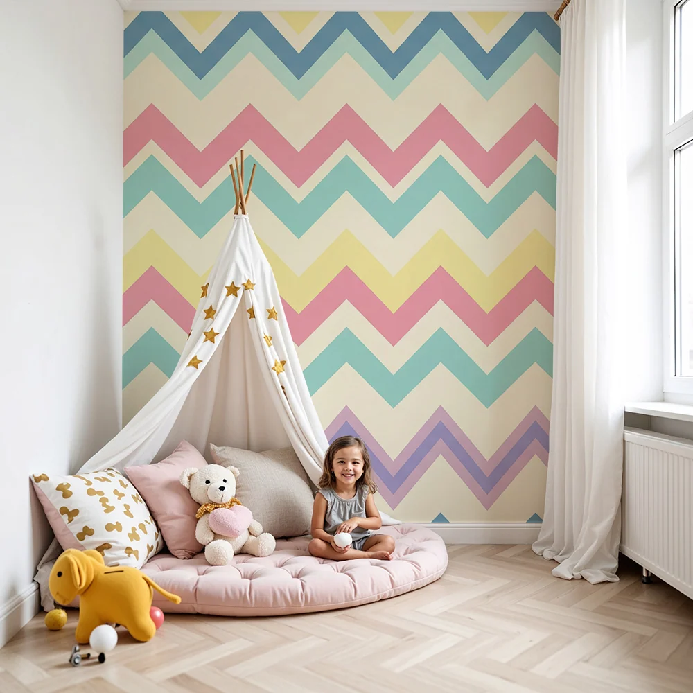 Tapet pentru cameră de bebeluși | Model zigzag pastel în culori delicate