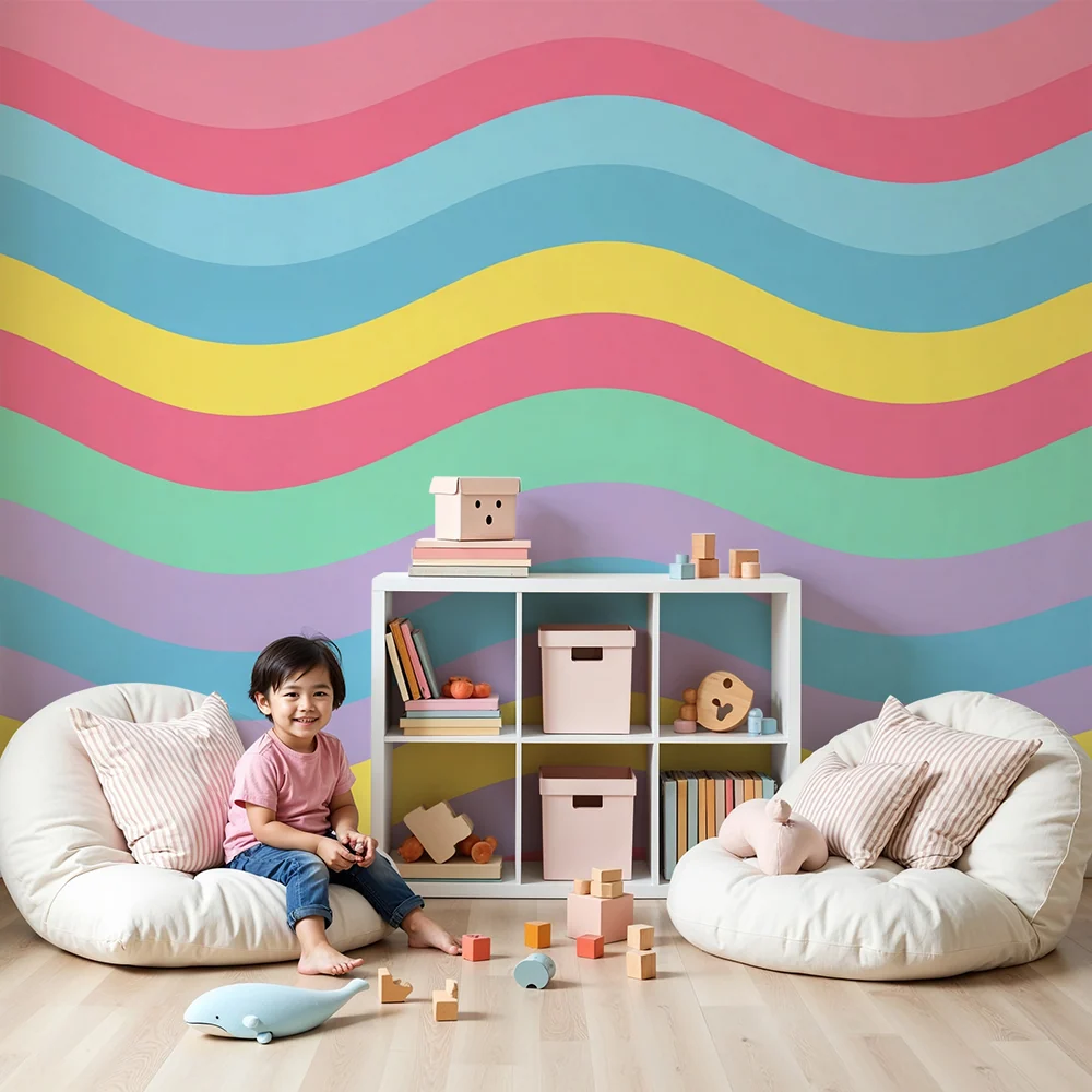 Tapet pentru cameră de bebeluși | Valuri colorate în pastel pentru o atmosferă delicată