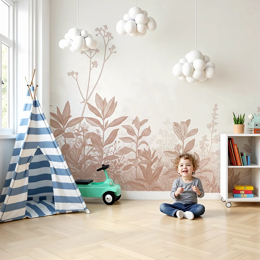 Tapet pentru cameră de copii | Flori delicate și frunziș moale în tonuri pastel