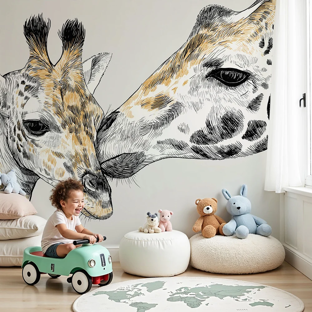 Tapet pentru cameră de copii | Girafe dulci în schiță pe fundal neutru