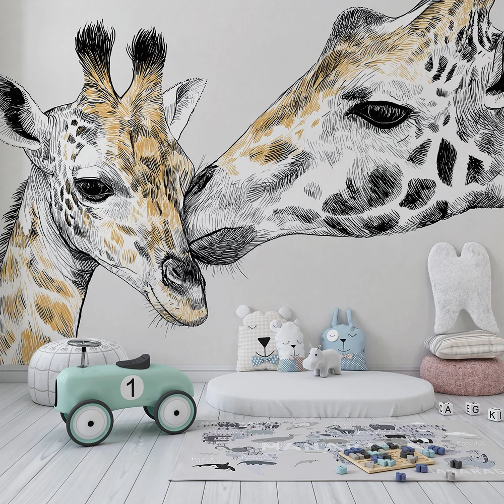Tapet pentru cameră de copii | Girafe dulci în schiță pe fundal neutru