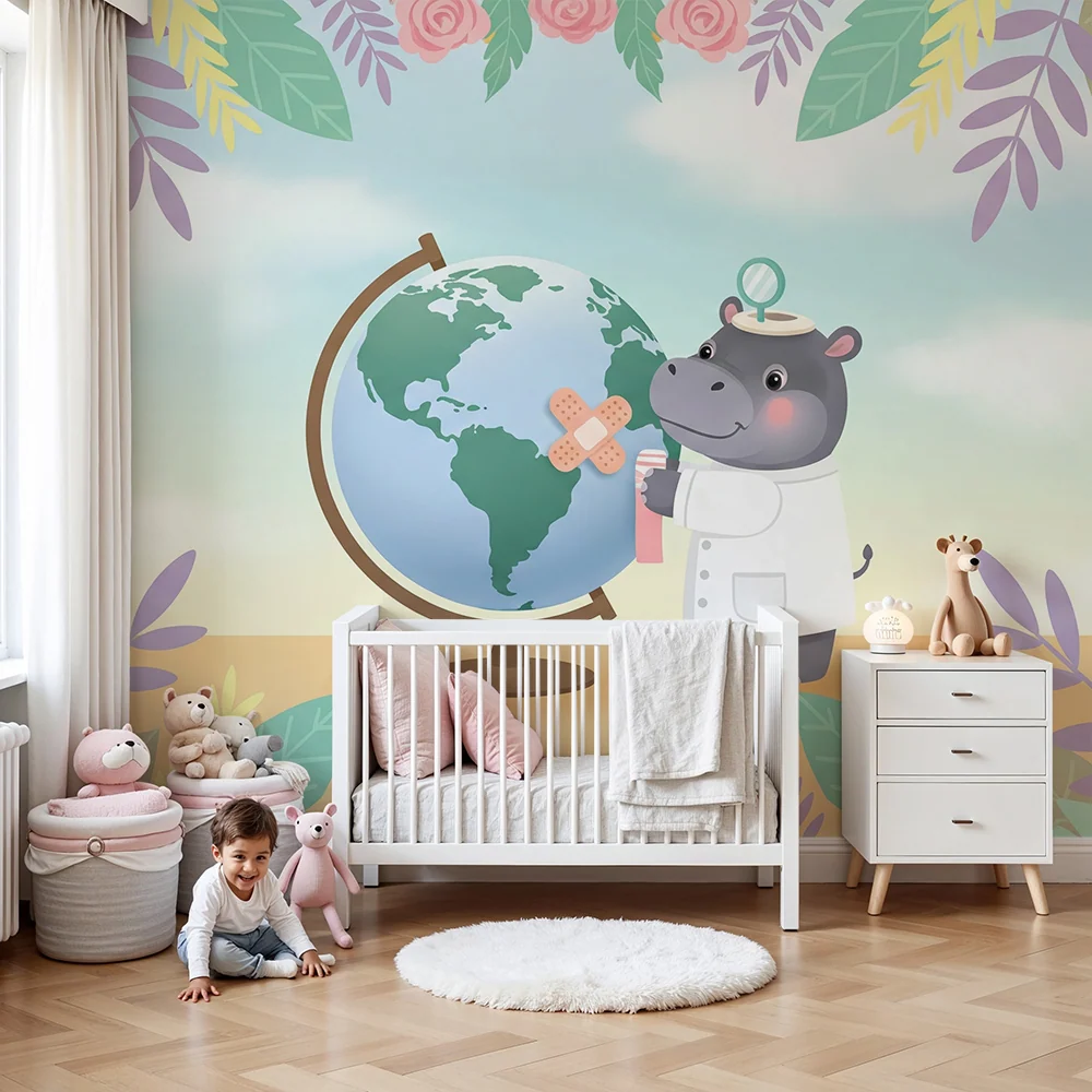 Tapet pentru cameră de copii | Hipopotamul doctor vindecă lumea cu flori colorate