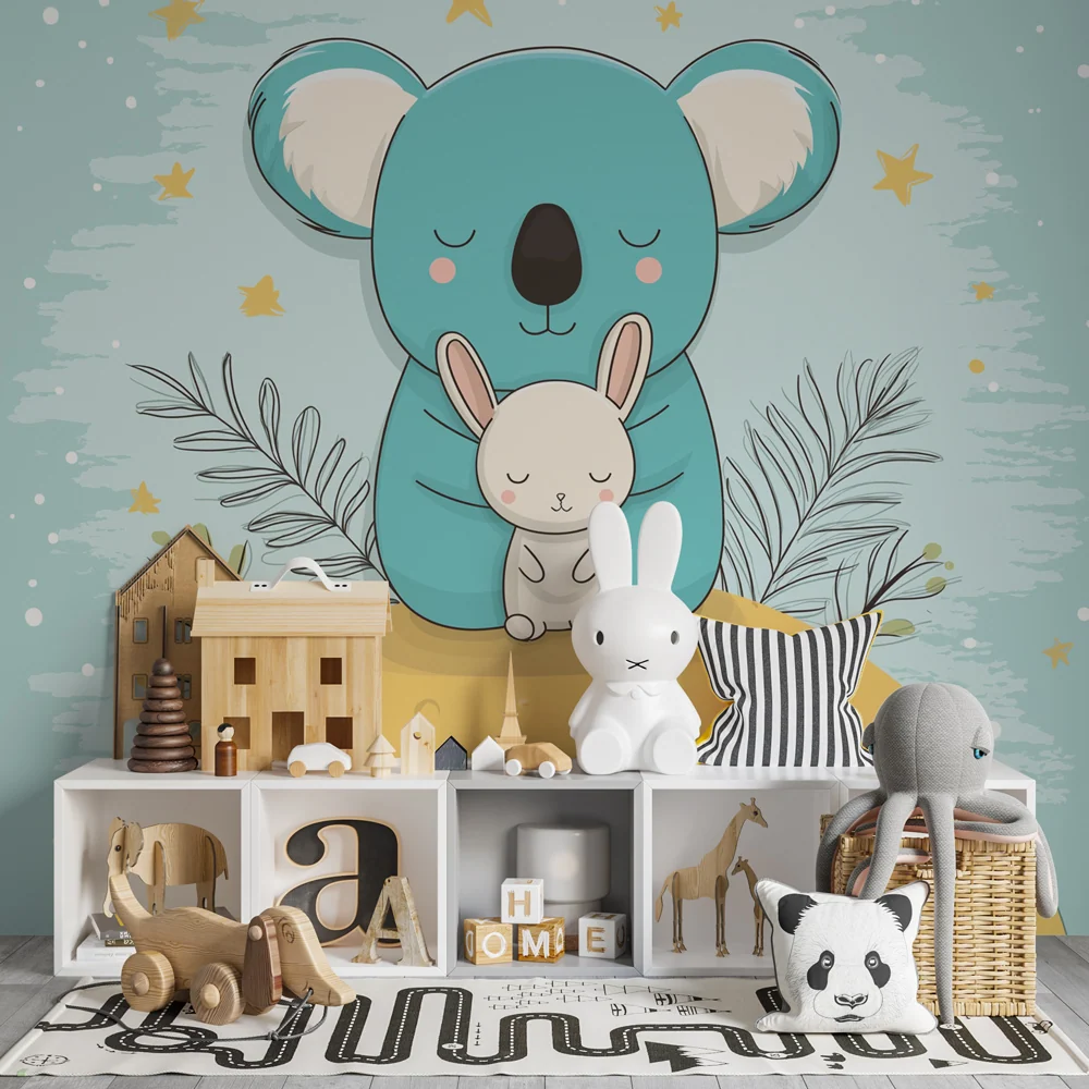 Tapet pentru cameră de copii | Koala și iepure sub stele
