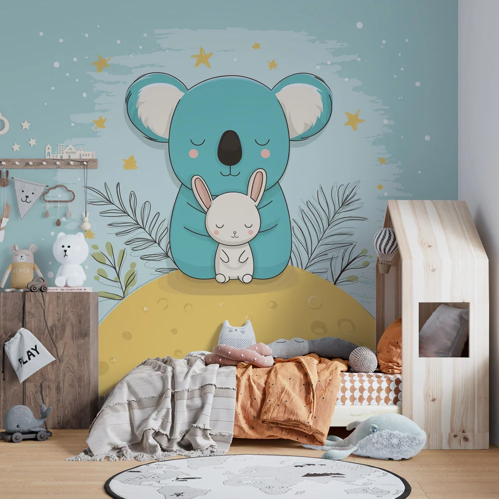 Tapet pentru cameră de copii | Koala și iepure sub stele