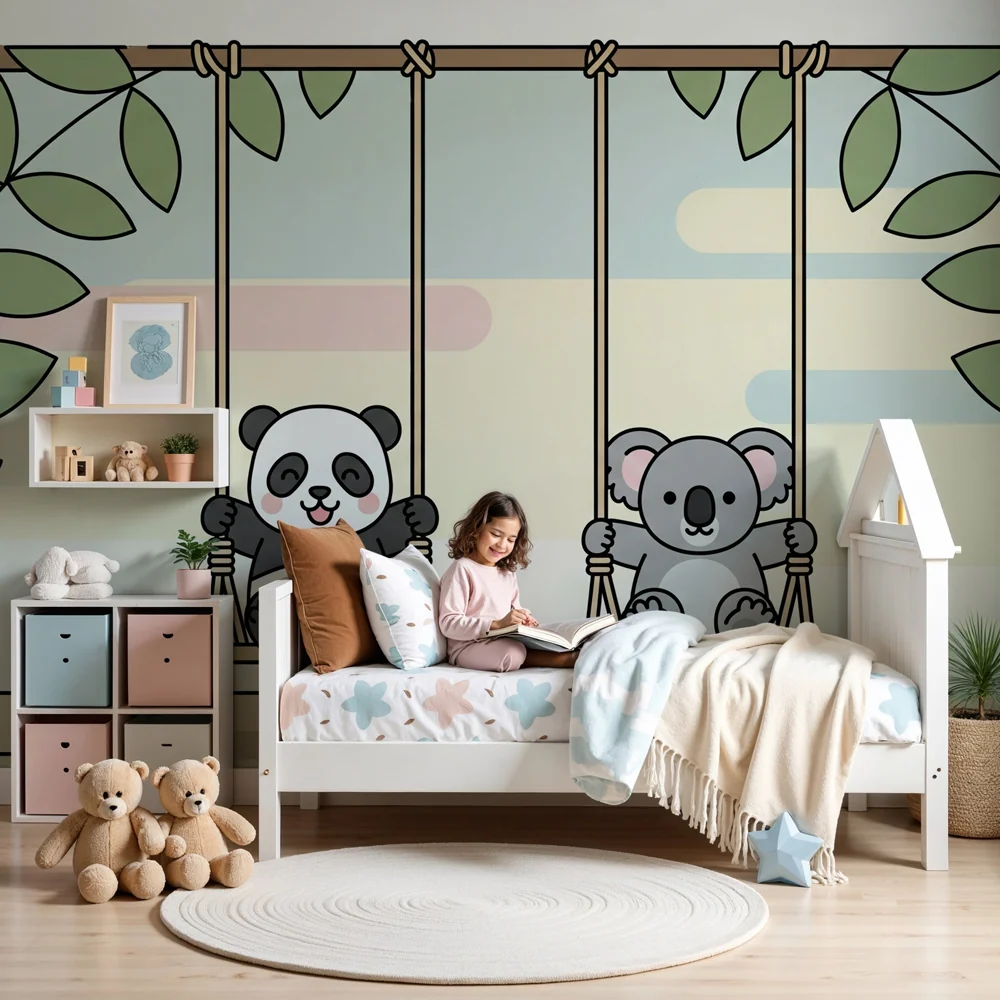 Tapet pentru cameră de copii | Pandă și koala pe leagăne
