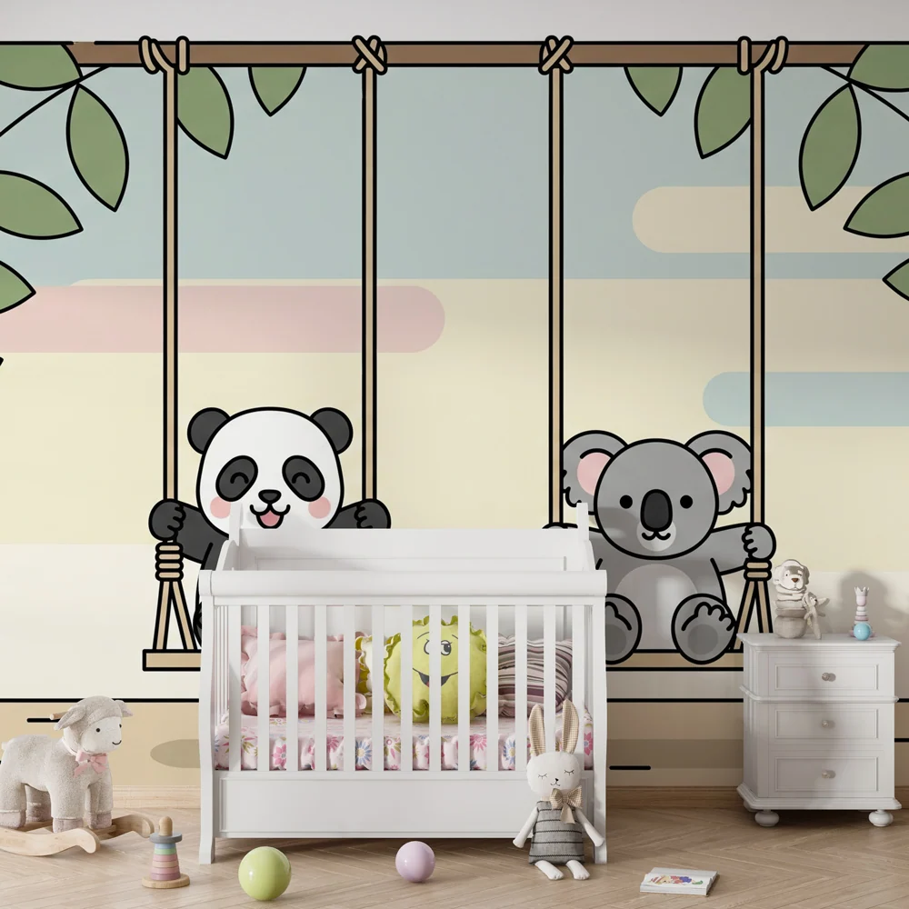 Tapet pentru cameră de copii | Pandă și koala pe leagăne