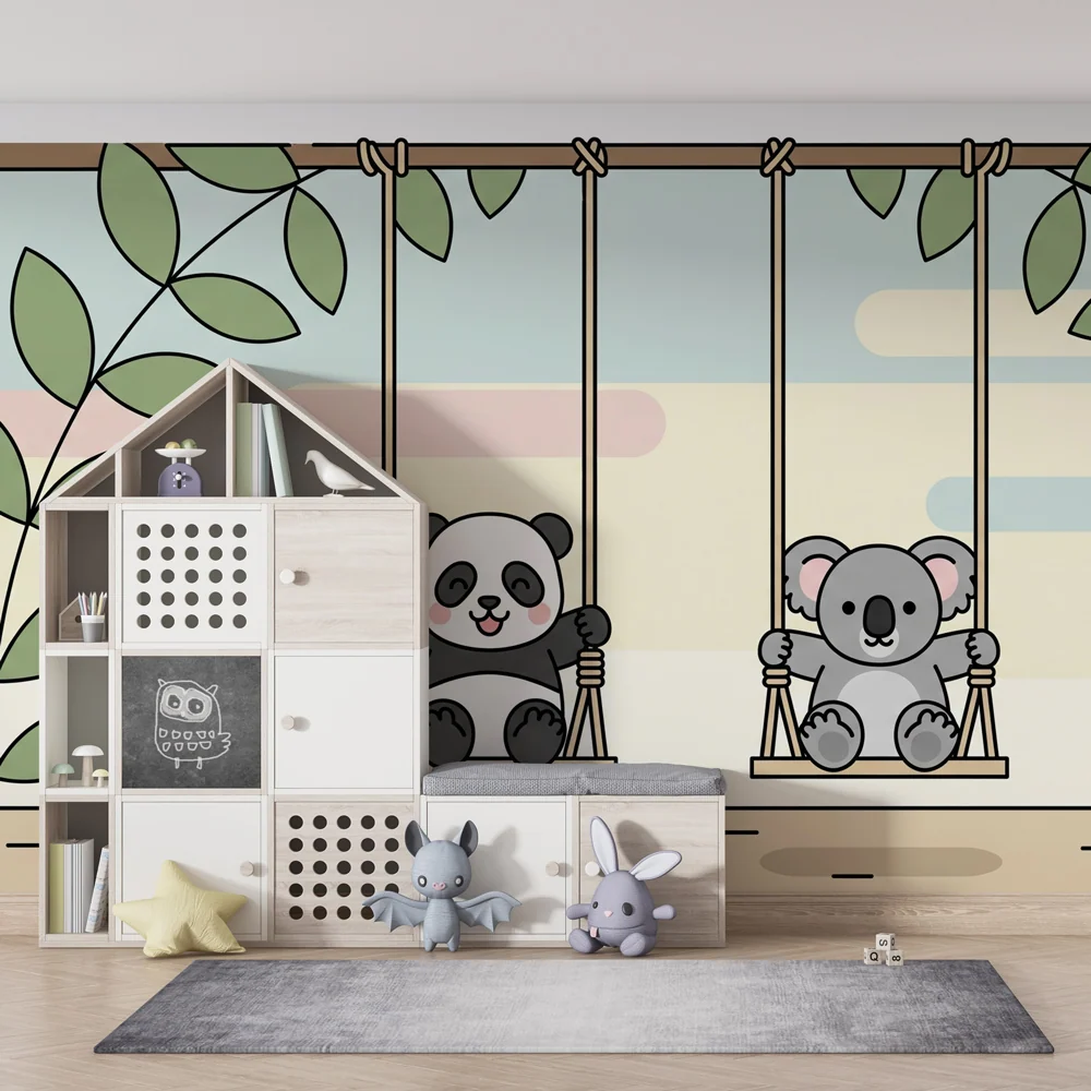 Tapet pentru cameră de copii | Pandă și koala pe leagăne